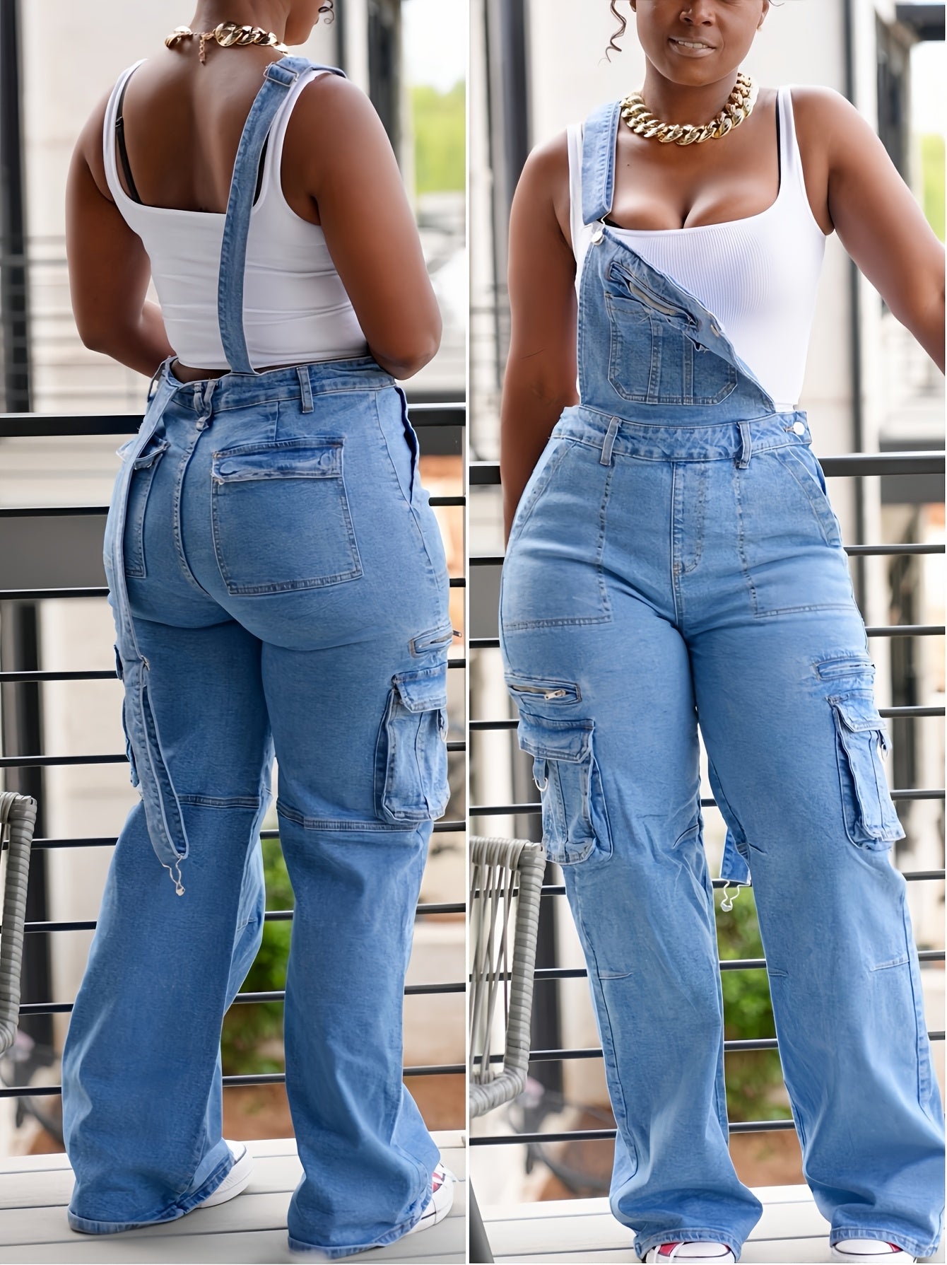 Women's Relaxed Loose Fit Denim Overalls - Street Style Cargo Jumpsuit with Utility Pockets, Long Sleeveless Wide-Leg Design, All-Season Casual Wear