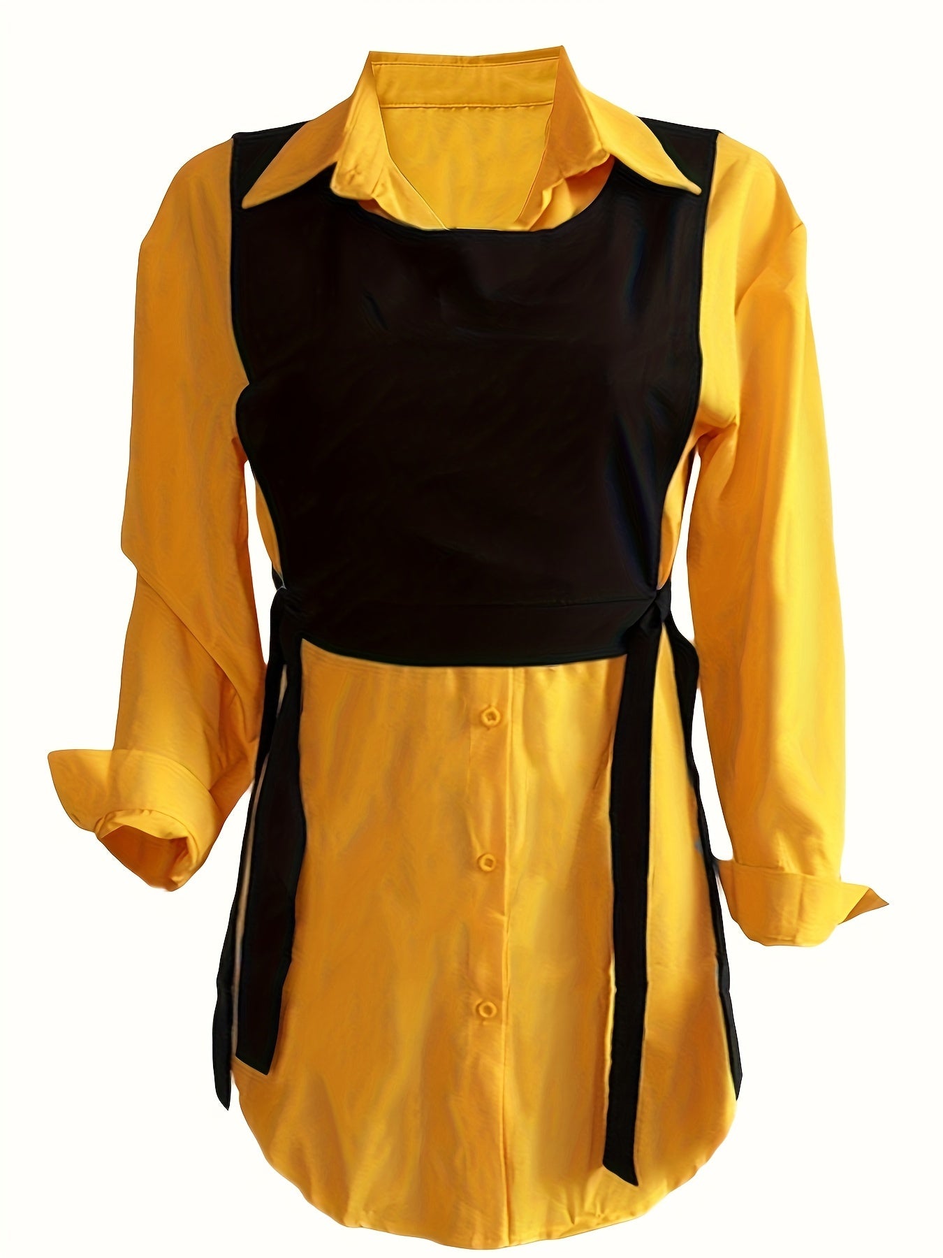 Women's Fashion Casual Shirt Dress Set 180085, Elegant V-Neck, Polyester, Solid Color, Long Sleeve, Open Front, Sleeveless Vest, Regular Fit, Spring/Autumn Season