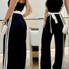 Women's Sleeveless Striped Jumpsuit with Tie-Waist & Contrast Trim - Casual Wide-Leg Italian Style Sportswear, Black & White Stripes, Polyester, Machine Washable, Summer Chic, Ladies Jumpsuits