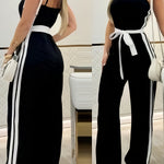 Women's Sleeveless Striped Jumpsuit with Tie-Waist & Contrast Trim - Casual Wide-Leg Italian Style Sportswear, Black & White Stripes, Polyester, Machine Washable, Summer Chic, Ladies Jumpsuits
