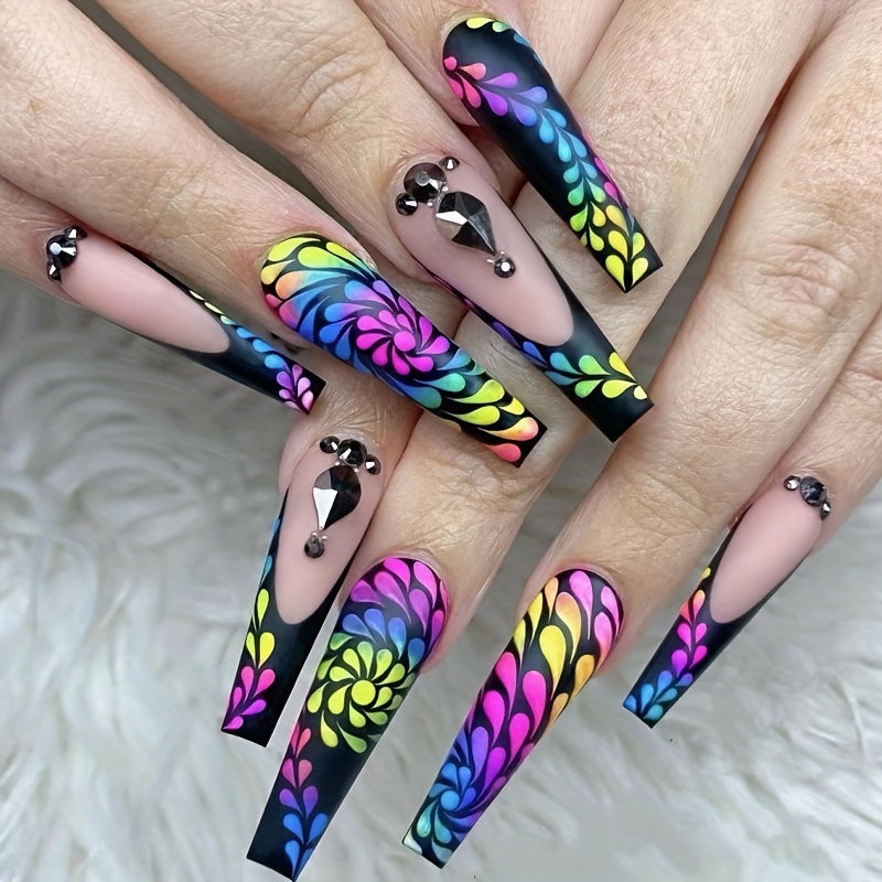 120pcs Acrylic Press On Nails Long Coffin Fake Nails with Nails Glue Long Ballet False Nails with Water Ripple Rainbow Designs Colorful Full Cover Artificial Nails Press Ons Stick On Nails 24pcs
