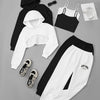 3pcs Chic Black & White Letter Print Hoodie Set - Casual Polyester Outfit with Crop Top, Bra & Elastic Waist Pants, Machine Washable - Women's Streetwear Ensemble