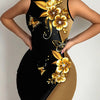 Stylish Women's Sleeveless Bodycon Dress with 3D Golden Rose & Butterfly Print, High Neckline, Stretchy Polyester & Spandex Blend, Machine Washable - Perfect for Spring & Summer