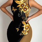 Stylish Women's Sleeveless Bodycon Dress with 3D Golden Rose & Butterfly Print, High Neckline, Stretchy Polyester & Spandex Blend, Machine Washable - Perfect for Spring & Summer