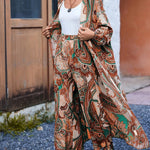 Elegant Floral Print Long Open Front Cardigan with Wide-Leg Pants Set for Women, Polyester, Machine Washable - Spring/Summer Collection