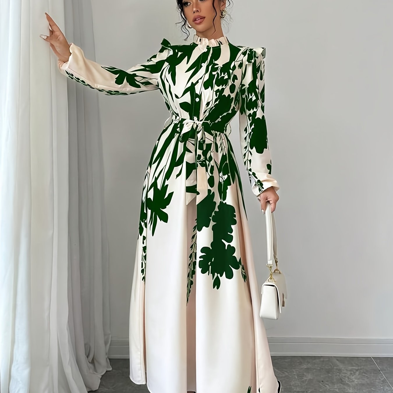 Long Sleeve Polyester A-Line Maxi Dress with Elegant Floral Print, Stand Collar, Waist Detail, Lantern Sleeves, and Ruffle Hem for Spring/Fall