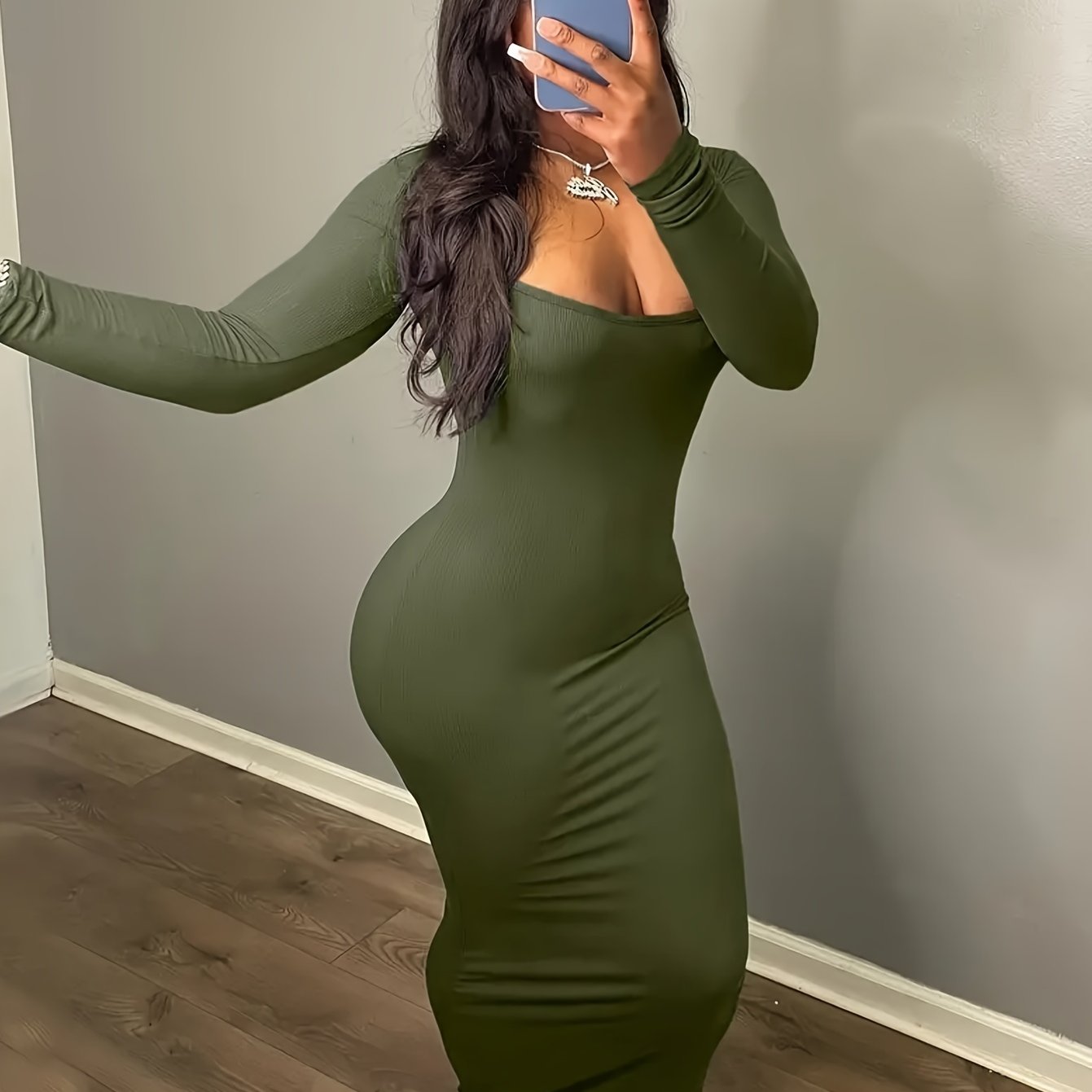 Women's Long Sleeve Bodycon Midi Dress - Elegant Brown, Stretchy Polyester/Spandex Blend, Machine Washable, Perfect for Spring/Summer/Fall Events, |Elegant Long Sleeve|Knit Construction