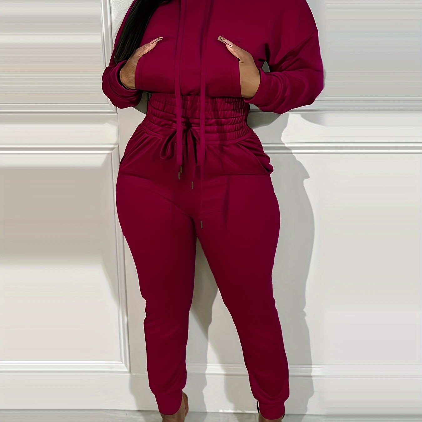 Two-piece Long Sleeve Kangaroo Pocket Drawstring Hoodie & High Waist Drawstring Jogger Pants, Casual Solid Color Women's Clothing Set