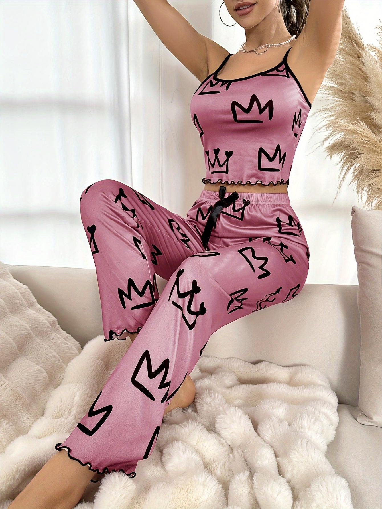 Adult Crown Print Pajama Set - Sexy Style, Sleeveless Spaghetti Strap Top & Long Pants with Bow Detail, Polyester Blend, All-Season Comfort, Bedroom Essentials|Sexy Pajama Set|Polyester Fabric