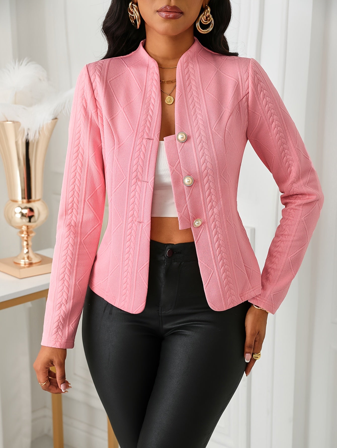 Elegant Pink Textured Polyester Blazer for Women - Single Button Design, Long Regular Sleeves, Knit Fabric, Lightweight - For All Seasons - Perfect for Work, Parties & Casual Wear - Ideal Gift for Women