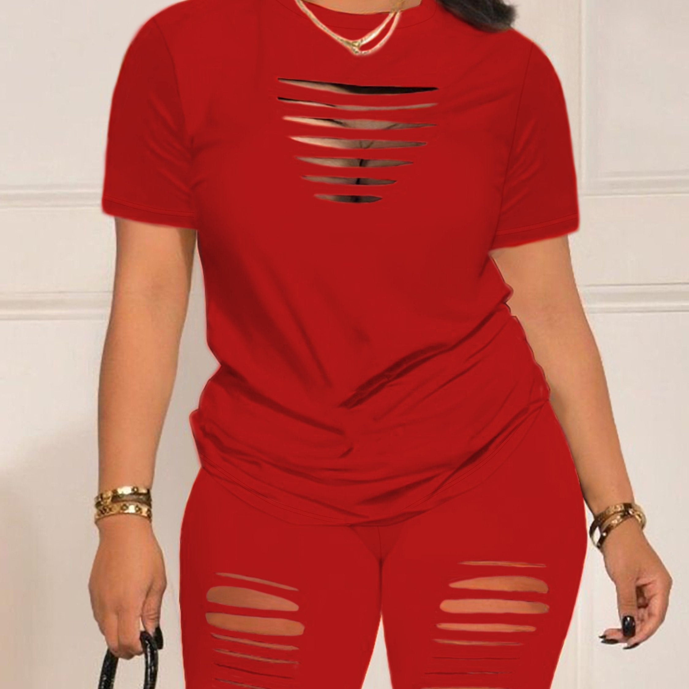 Summer Shorts Set - Pantsuits for Women, Crew Neck Short Sleeve Top & Shorts Outfits, Ripped Casual Clothing for Spring and Summer, Comfortable and Stylish Women's Clothing