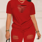 Summer Shorts Set - Pantsuits for Women, Crew Neck Short Sleeve Top & Shorts Outfits, Ripped Casual Clothing for Spring and Summer, Comfortable and Stylish Women's Clothing