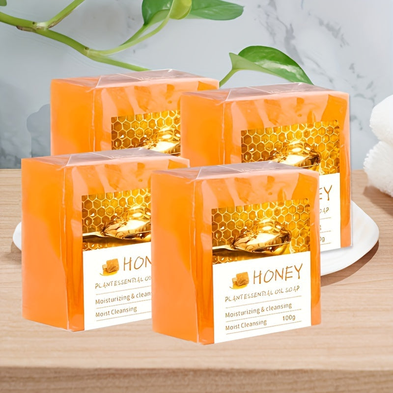 4pcs*100g Honey Essential Oil Handmade Soap Deep Cleaning and Moisturizing, Rich Foam, Suitable for Men and Women, Free Foam Net