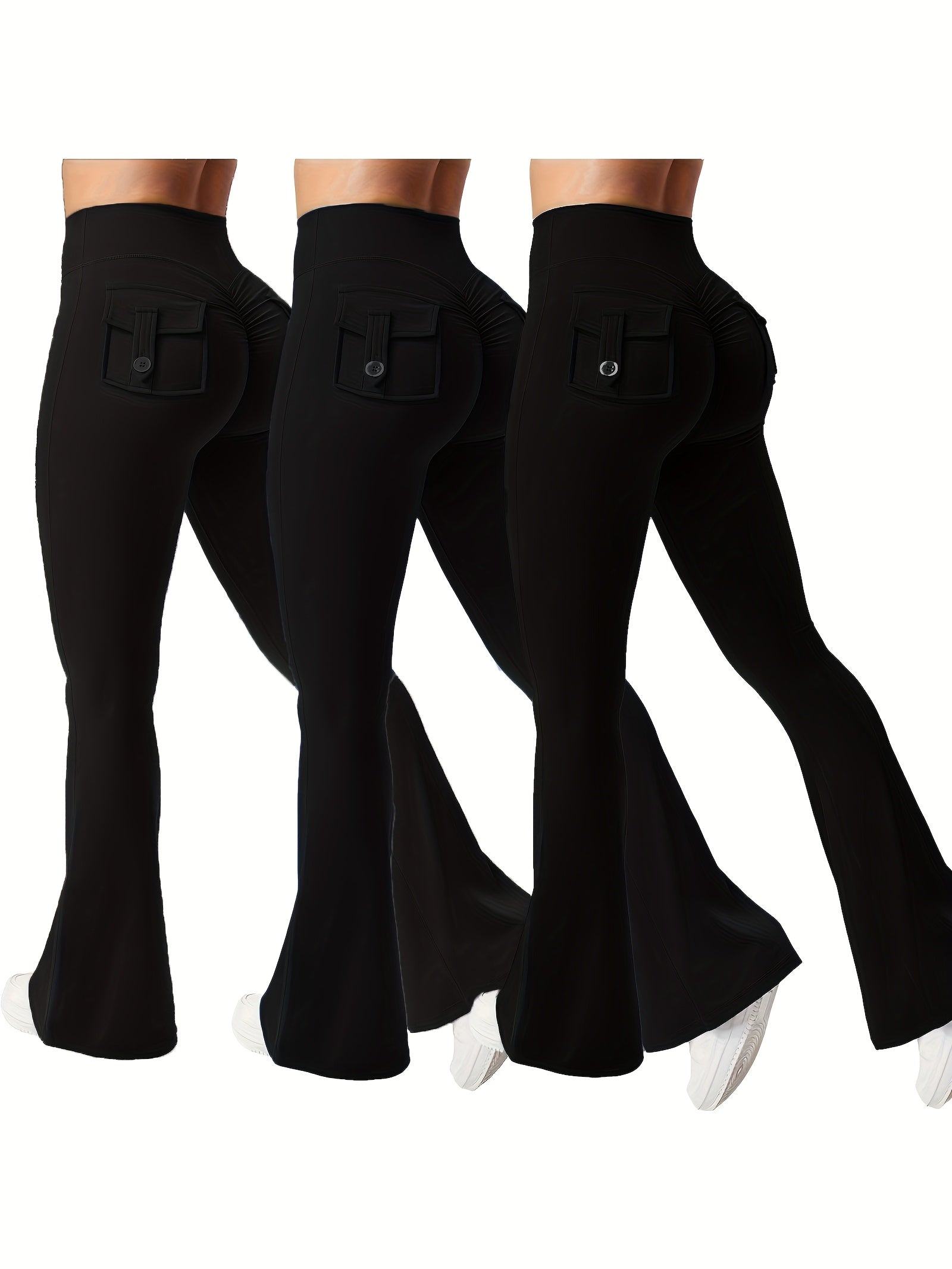 3pcs Of Black, Gray And Green Fashionable Workwear Style Bell Bottoms, Women's Casual Bell Bottoms, High Waist Pocket Sportswear, Work Style Peach Hip Pants, Sports Quick-drying Tummy Control Butt Lifting Trousers Flare L
