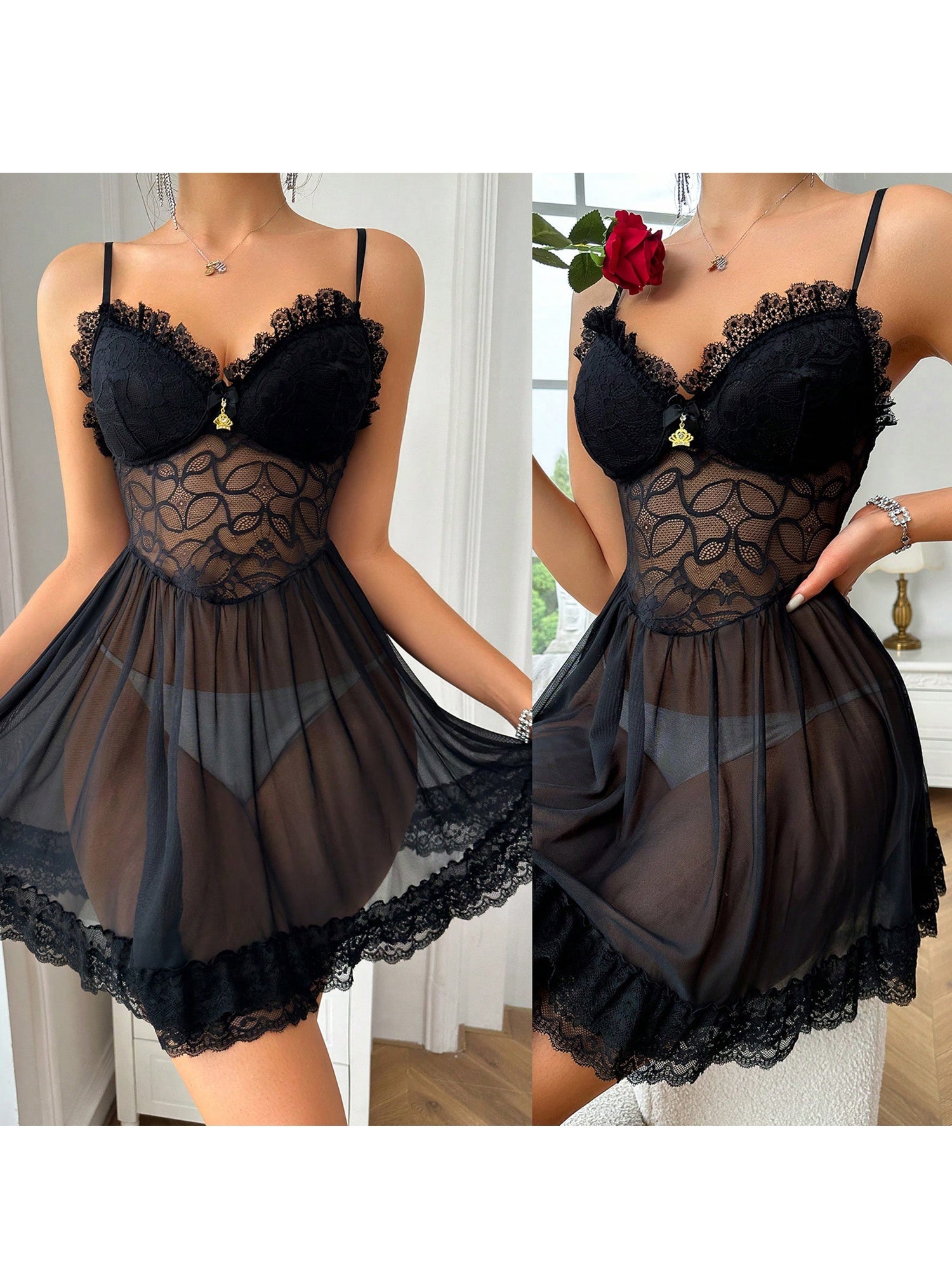 Women Spaghetti Strap Lace Nightgown Sweetheart Neck Sheer Mesh Sleeveless Flowy Lingerie Sleepwear Dress