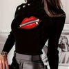 Autumn And Winter Women's Fashion Casual Rivet Button Print Sexy Red Lips Solid Color T-shirt