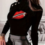 Autumn And Winter Women's Fashion Casual Rivet Button Print Sexy Red Lips Solid Color T-shirt