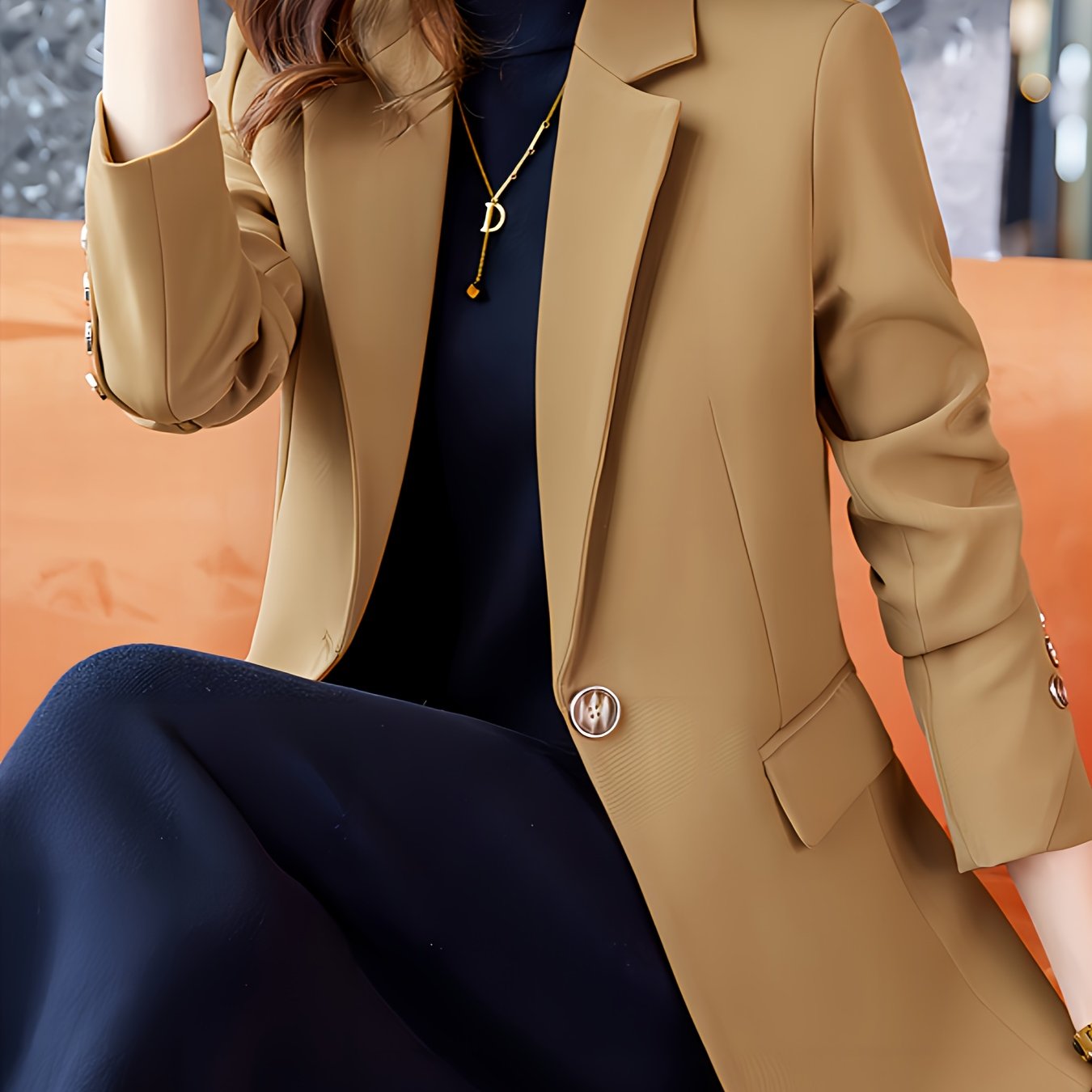 Elegant Long Sleeve Notched Collar Button Front Blazer for Office & Work, Women's Clothing