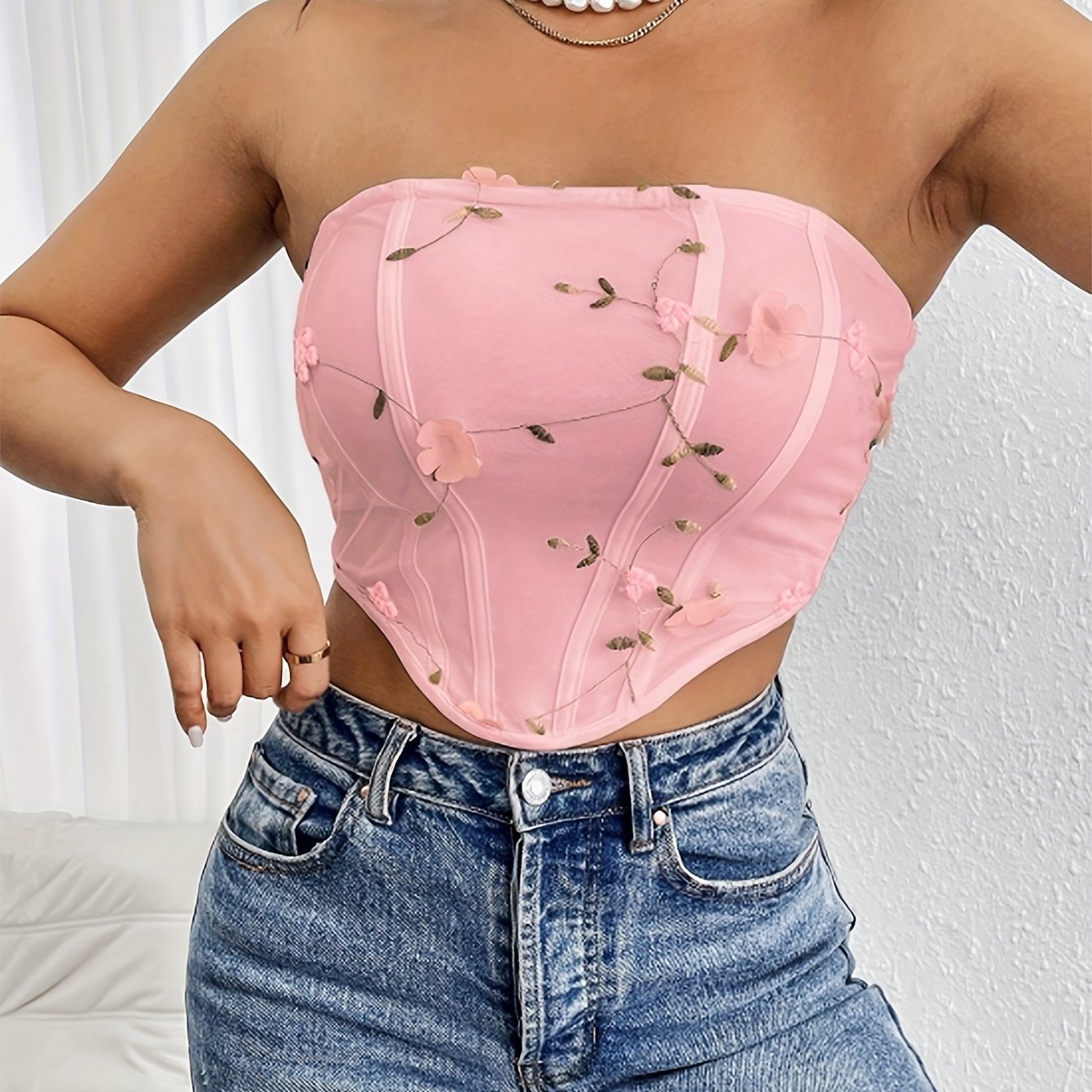 Summer Women'S Fitted Strapless Top in Pink