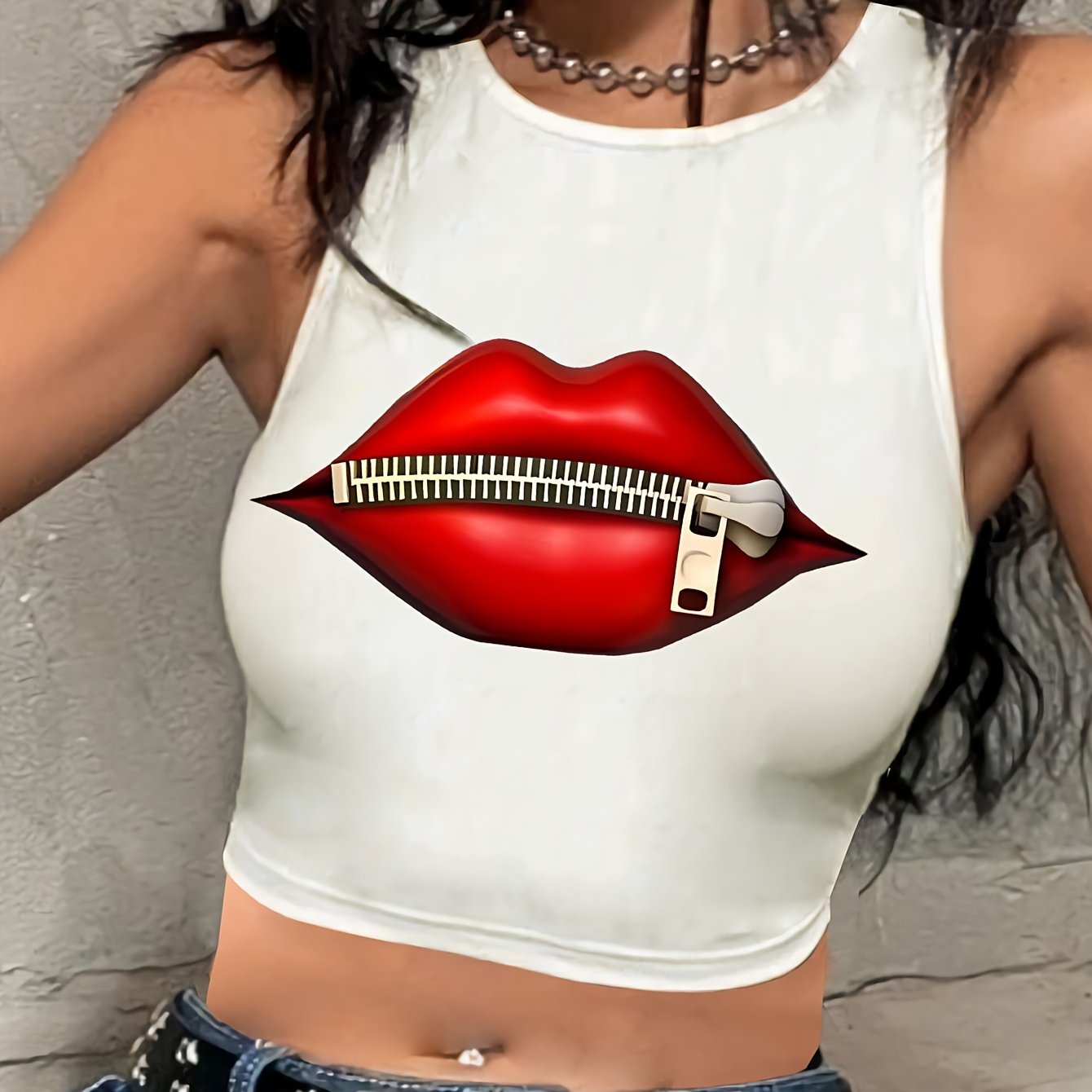 Valentine's Day Red Lip Print Round Neck High Elastic Tight Fit Print Short Top with Navel Exposed Women's Casual Sports Shirt