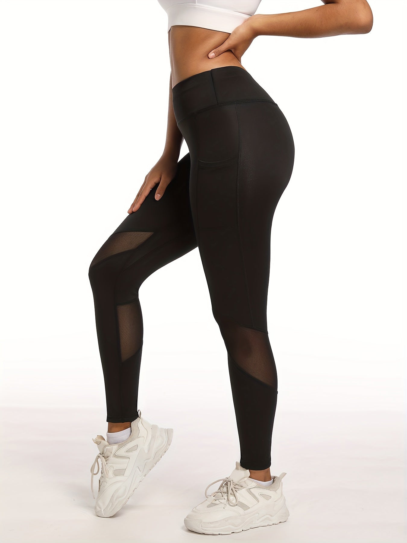 High-Waist Elegant Black Mesh Panel Yoga Leggings for Women - Stretchy & Comfortable, Slim Fit Ankle-Length Workout Pants with Phone Pocket, Machine Washable