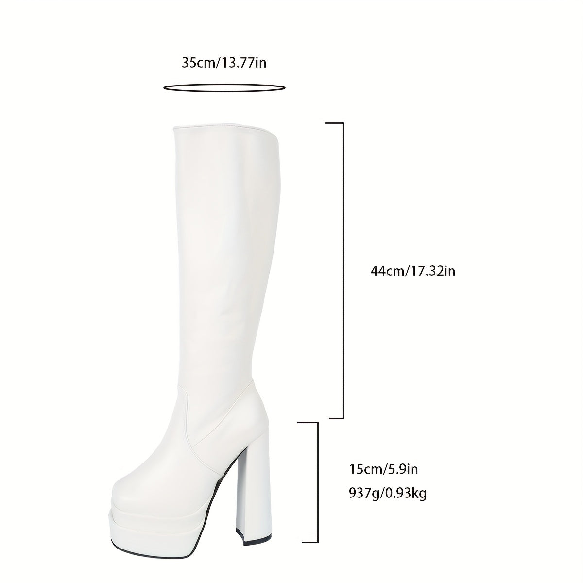 European And American Trendy Square-Toed Knee-High Boots for Women, Platform in White, Plus Size Footwear.