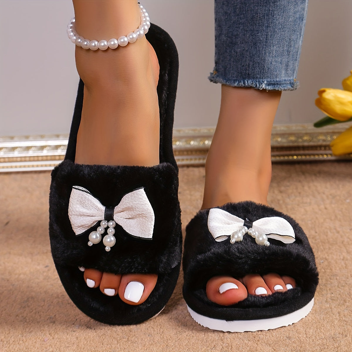 Women'S Black Fuzzy Slippers with Pearl Bow, Cartoon Pattern, Slip-on House Shoes, All-Season Indoor Footwear, Fabric Upper/Inner, EVA Sole, Hand Washable