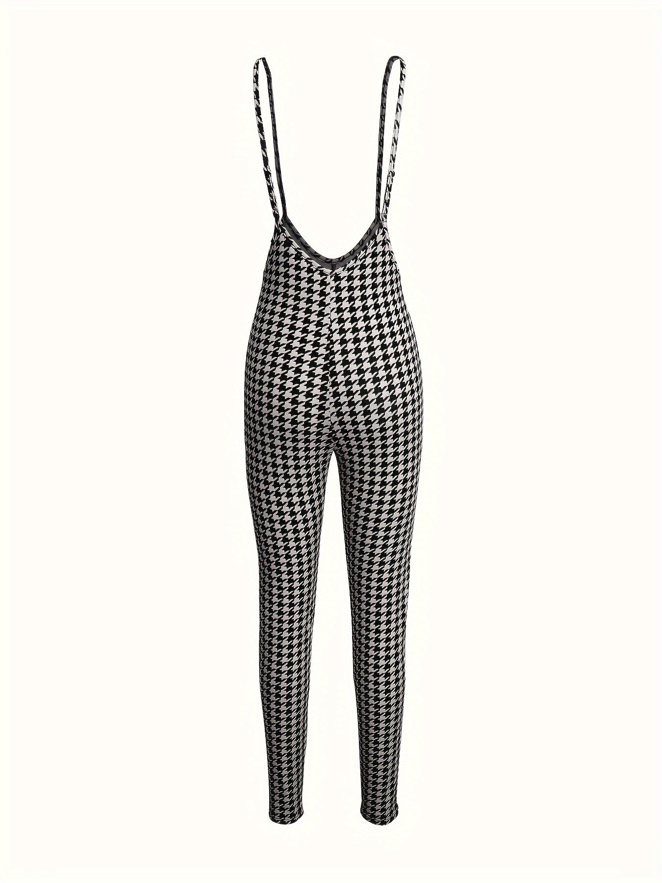 1pc Women's Sexy Houndstooth Pattern Jumpsuit, Polyester Knit Fabric with Elastane, Collarless Design, All-Season Fashion Pants, European And American Style, Geometric Pattern, Halter Neck