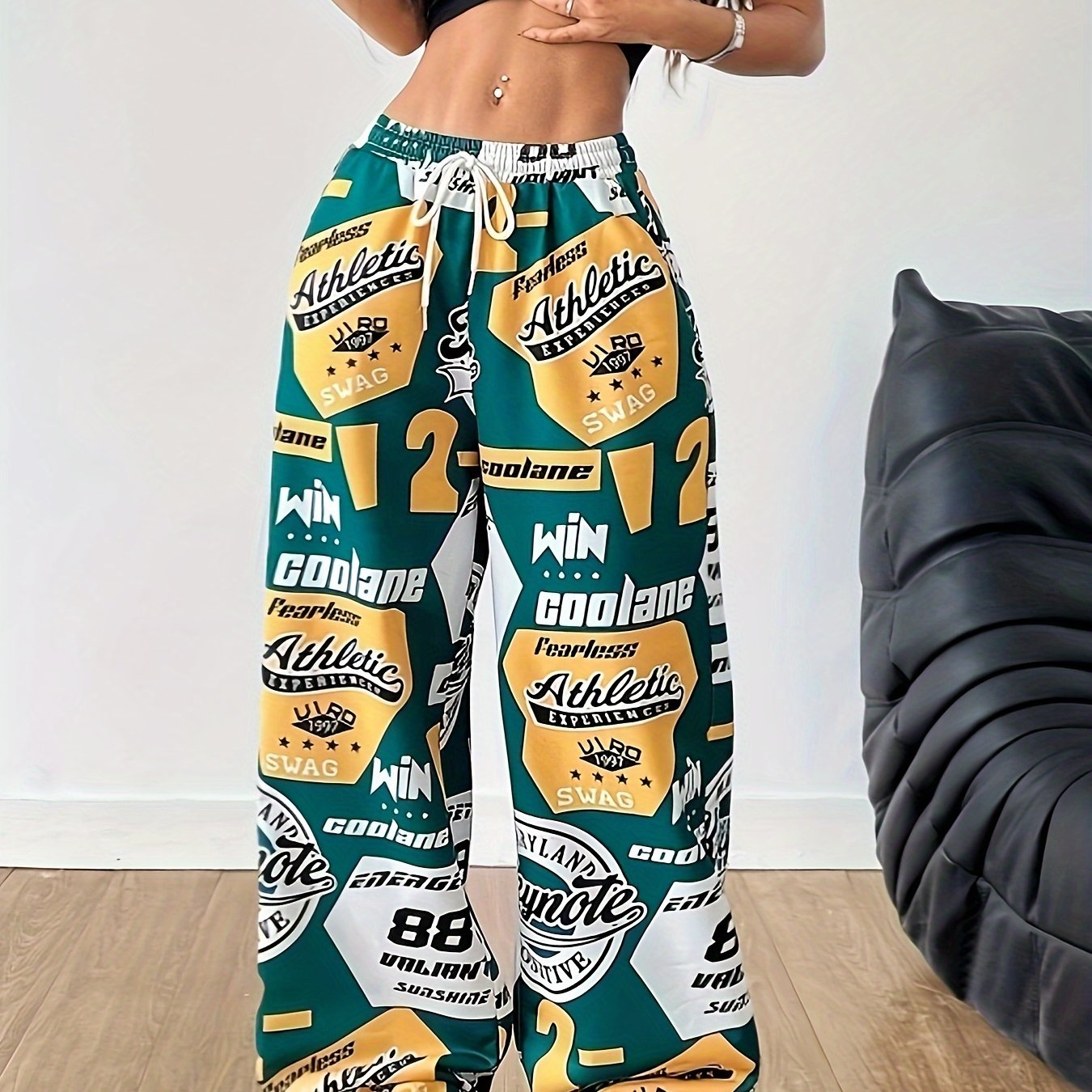 Women'S Y2K-Inspired Wide-Leg Athletic Pants with "Paris" Tank Top - Green, White, and Yellow Graphic Print, Drawstring Waist, Casual Sportswear, Casual Sportswear | Graphic Print Pants | Drawstring Waistband, Athletic Wear