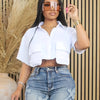 Women'S Sexy Short Crop Shirt, Solid Color Polyester 100%, Summer Short Sleeve with Lapel Collar, Two Pocket Design, Single Breasted Placket, Woven Fabric, 120g/m² - Casual Fashion Top