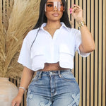 Women'S Sexy Short Crop Shirt, Solid Color Polyester 100%, Summer Short Sleeve with Lapel Collar, Two Pocket Design, Single Breasted Placket, Woven Fabric, 120g/m² - Casual Fashion Top