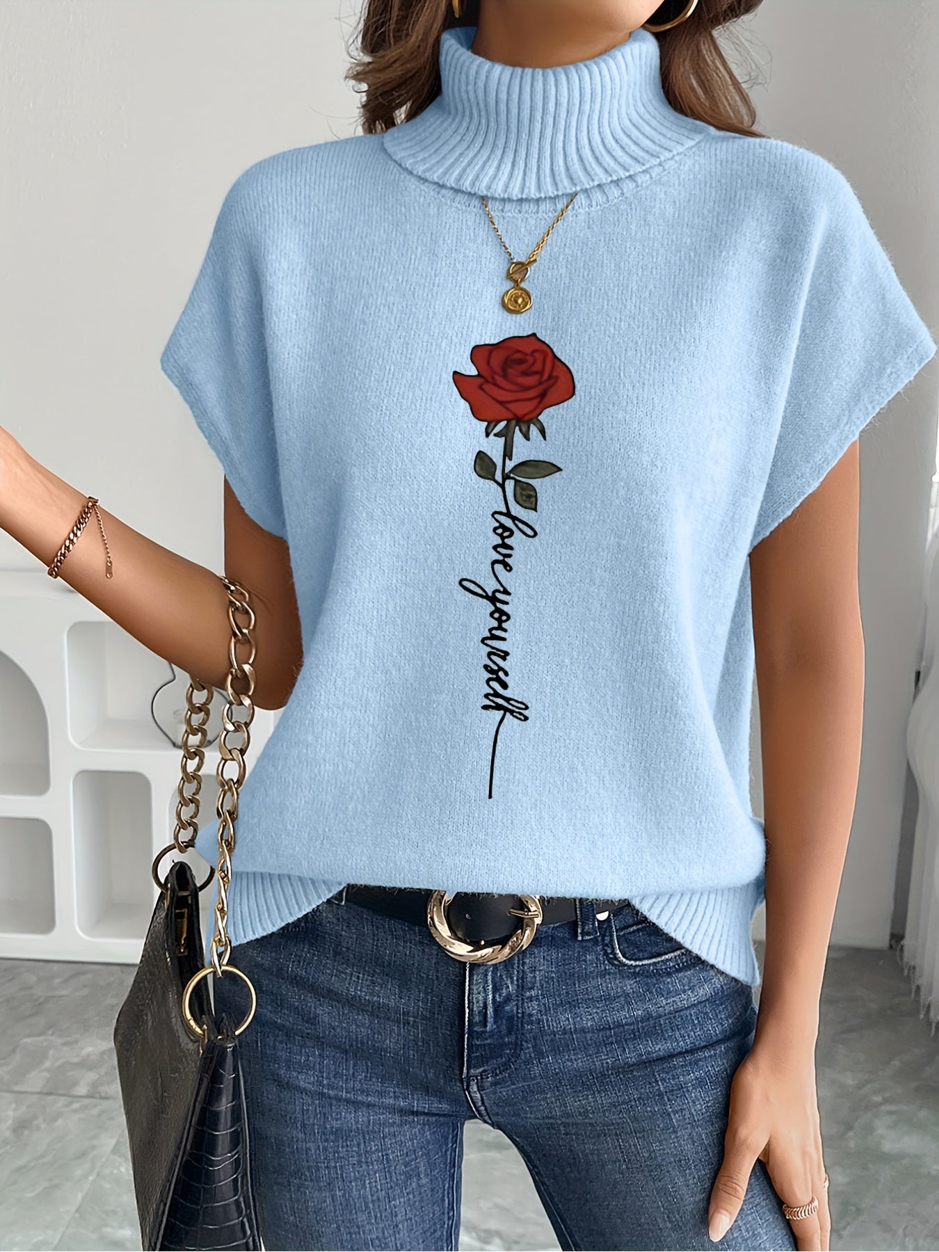 Women's Casual Rose Print Sleeveless Knit Vest - Elegant Beige Sweater with High Neckline and Stretchy Fabric, Perfect for Spring/Summer/Fall