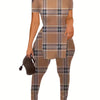 Plaid Print Casual Two-piece Set, Side Split Short Sleeve Top & Slim Pants Outfits, Women's Clothing