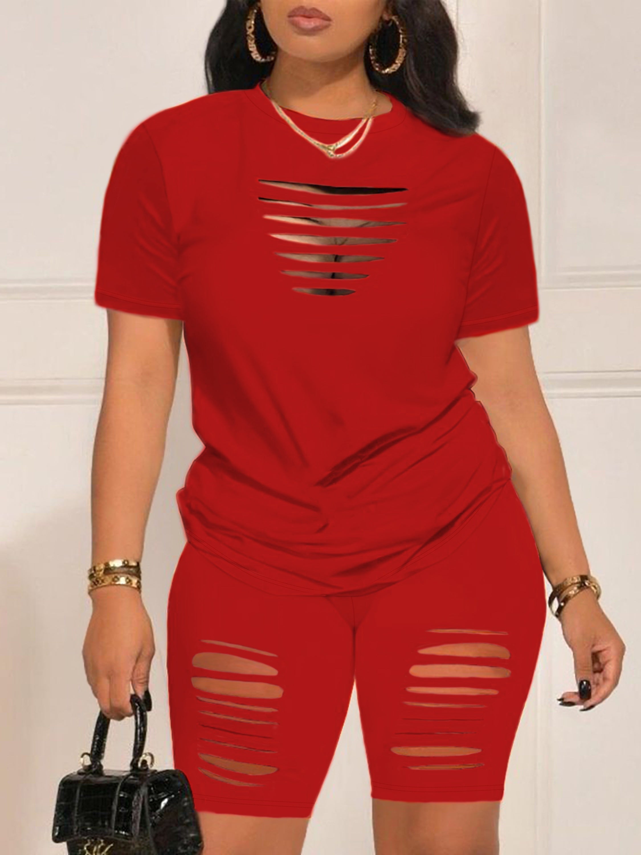 Summer Shorts Set - Pantsuits for Women, Crew Neck Short Sleeve Top & Shorts Outfits, Ripped Casual Clothing for Spring and Summer, Comfortable and Stylish Women's Clothing