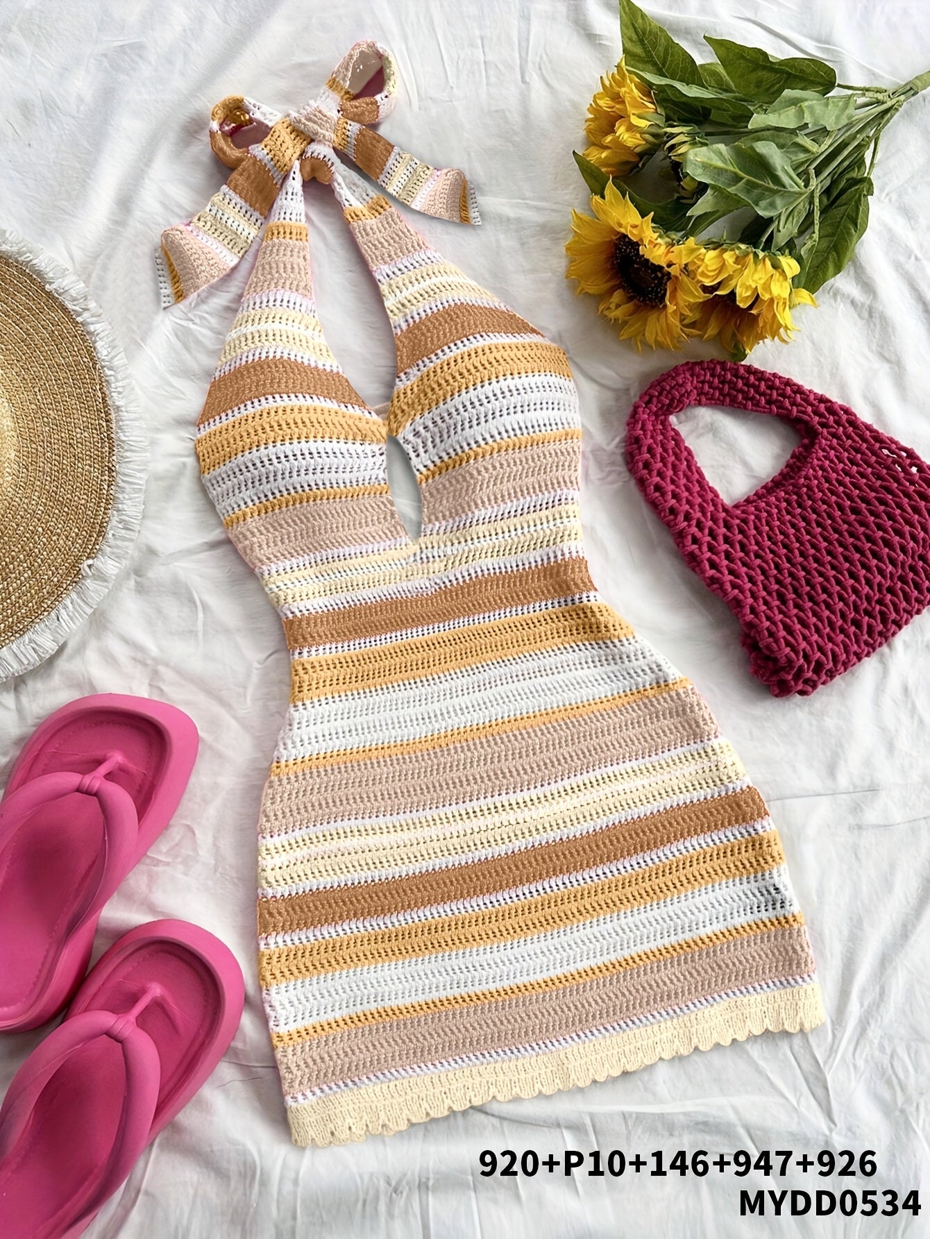 Women's Elegant Halter Neck Back-Tie Knit Dress - Multi-Color Striped Semi-Sheer Wrap Dress with Adjustable Straps & Lace Trim, Beach Vacation Resort Wear, Beach Dress