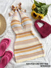 Women's Elegant Halter Neck Back-Tie Knit Dress - Multi-Color Striped Semi-Sheer Wrap Dress with Adjustable Straps & Lace Trim, Beach Vacation Resort Wear, Beach Dress