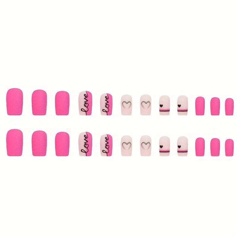 Glossy Pink Square Press-On Nails with Love Heart Design - Medium Length Valentine's Day False Nails for Women & Girls, Sweet & Stylish Nail Art, Fashion Accessories | Heart Nail Art | Vibrant Pink Nails, Cute Nails