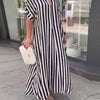 Women'S Plus Size Black & White Striped Shirt Dress - Casual V-Neck, Short Sleeve, Mid-Length with Chest Pocket, Loose Fit for Spring/Summer/Fall, Casual Attire|Vneck Dress|Nonpadded Dres