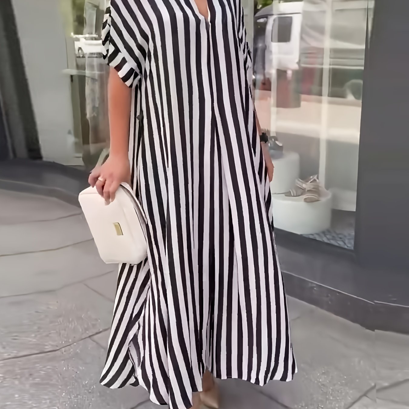 Women'S Plus Size Black & White Striped Shirt Dress - Casual V-Neck, Short Sleeve, Mid-Length with Chest Pocket, Loose Fit for Spring/Summer/Fall, Casual Attire|Vneck Dress|Nonpadded Dres