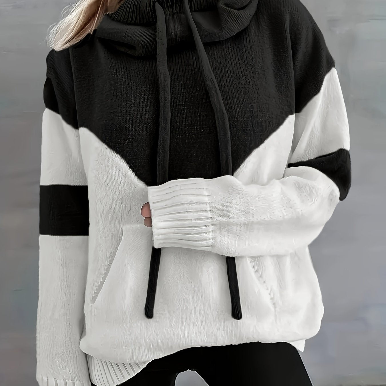 Color Block Drawstring Hooded Sweatshirt, Women's Long Sleeve Casual Pullover Sweater with Pocket