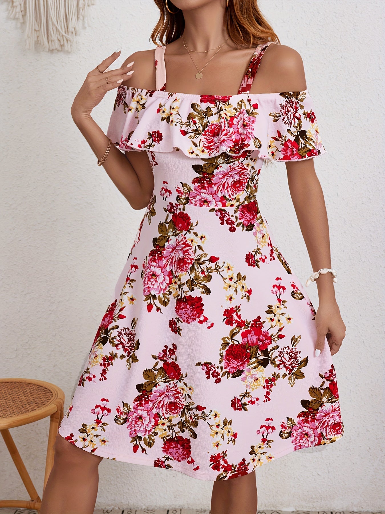 Elegant Floral Print Dress for Women with Ruffle Detail - Off-Shoulder, A-Line, Mid-Stretch Polyester & Spandex Blend, Machine Washable - Perfect for Summer