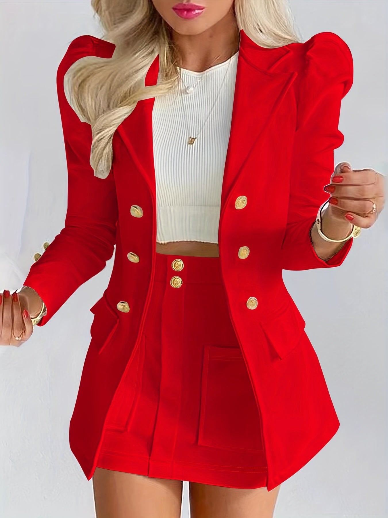 Two-piece Set, Solid Long Sleeve Elegant Blazers & Mini Skirt, Women's Clothing