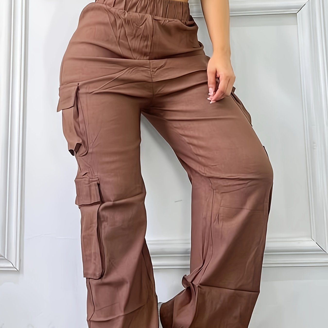 Flap Pockets Straight Leg Cargo Pants - Young Elastic High Waist Pants For Spring & Fall - Women's Clothing - For Women - Suitable for Casual Wear - Perfect Gift for Fashionable Ladies