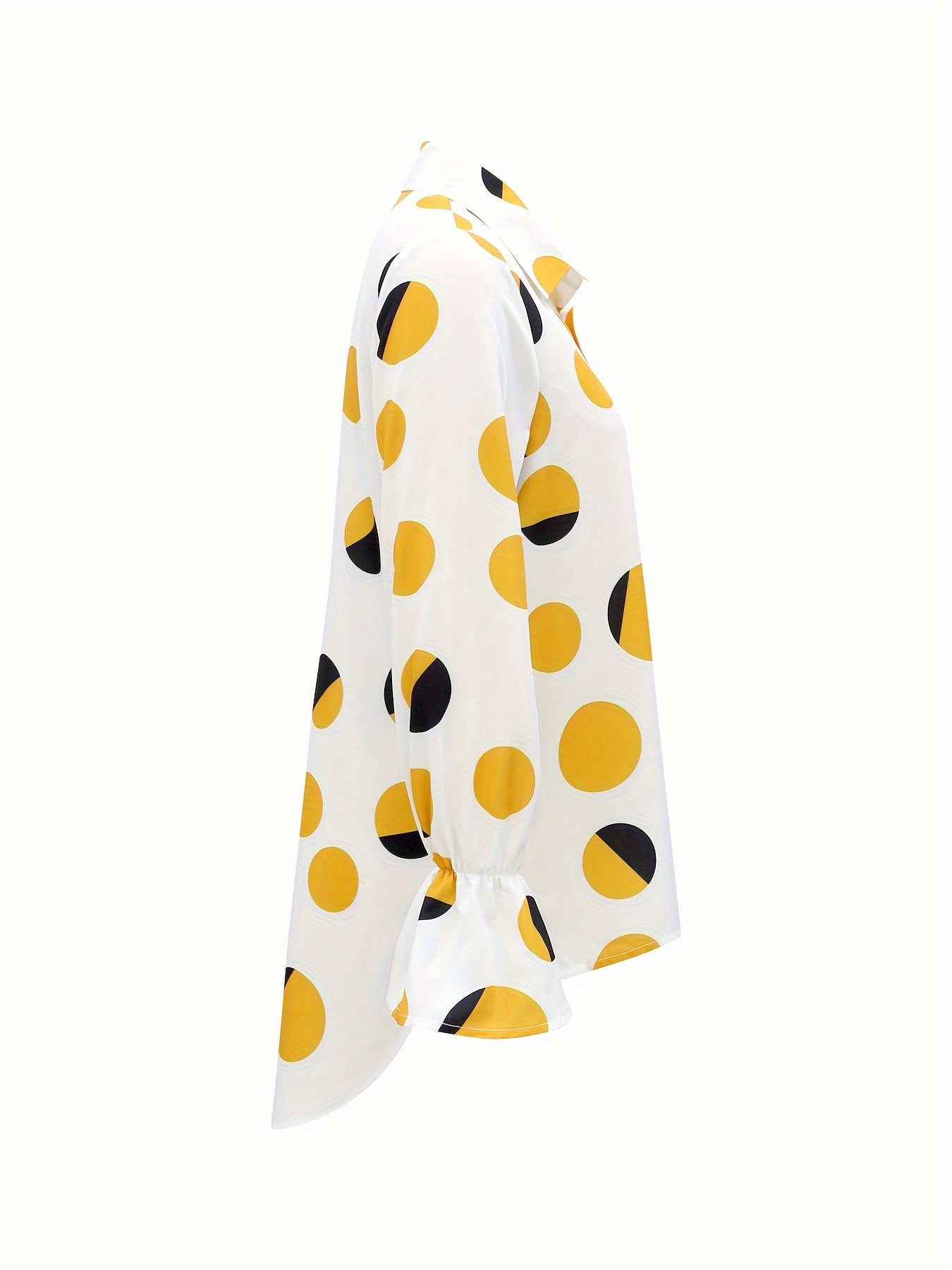Long Sleeve Elegant Polka Dot Print Shirt - Loose Fit, Dipped Hem, Slit Hem, Machine Washable, Random Printing - Perfect for Spring, Summer, and Fall Seasons