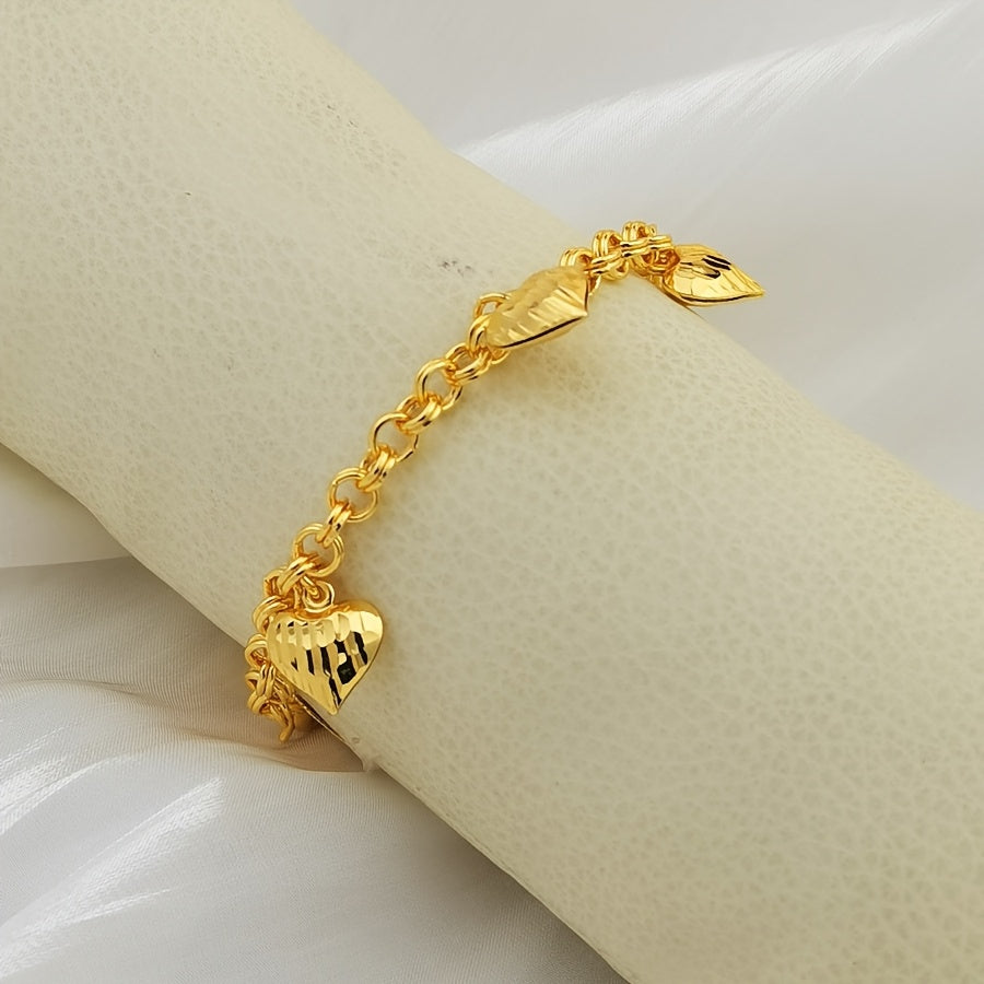 3pcs Luxurious Golden-Toned Heart Pendant Bracelet Set for Women - Boho Chic Style, Ideal for Weddings, Birthdays, Parties, Valentine's & Ramadan Gifts, Jewelry Set