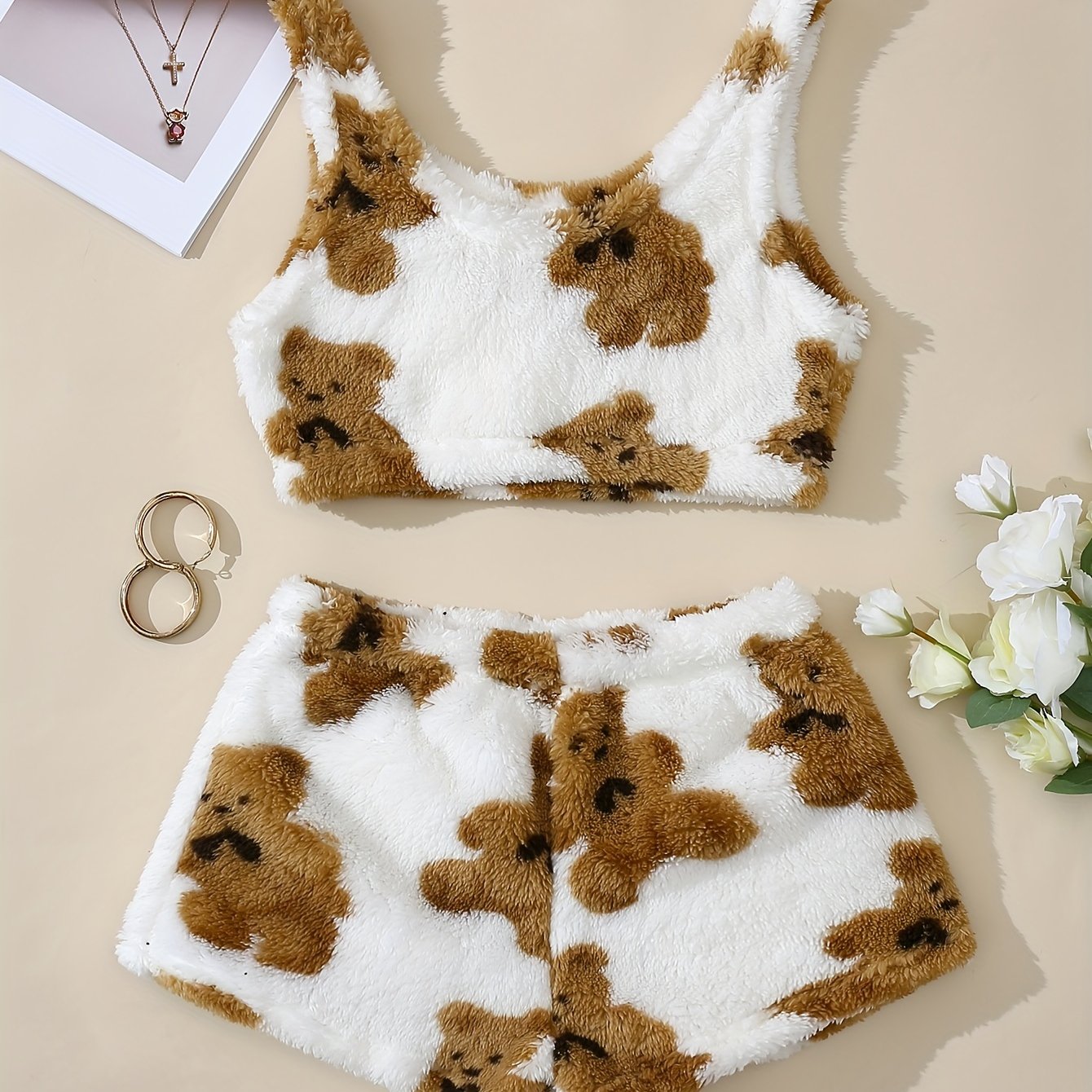 Women'S Fuzzy Loungewear Lady'S Pajamas Sleeveless Tank Top and Shorts Plush PJ Set