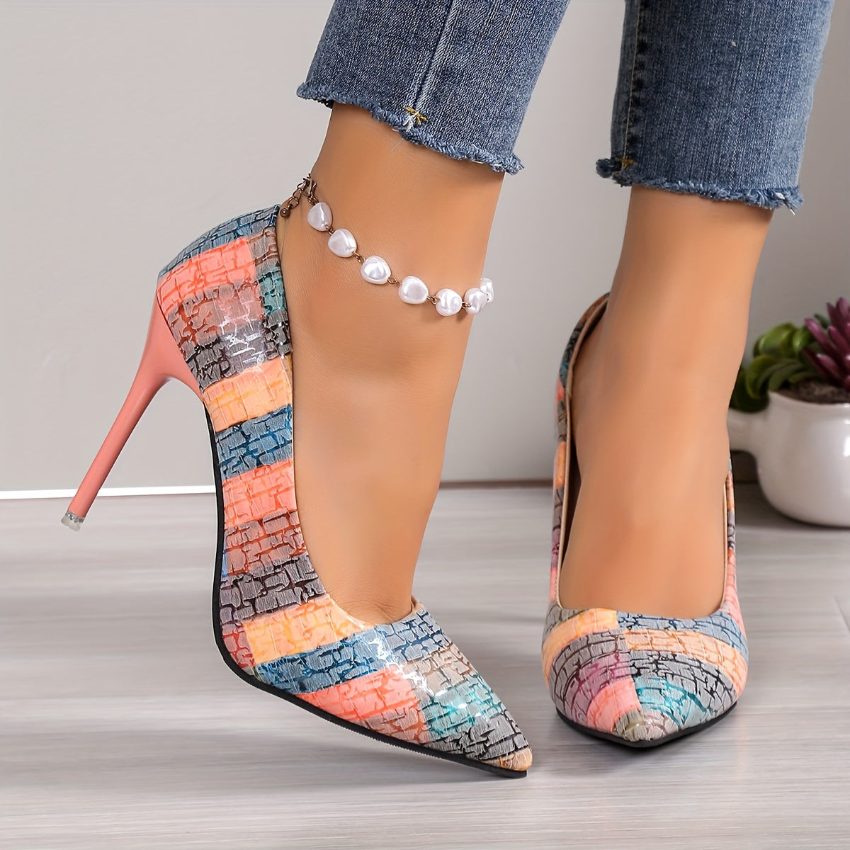 Women's Striped Pattern Stiletto Heels, Elegant Point Toe Dress Pumps, Fashion Slip On Heels