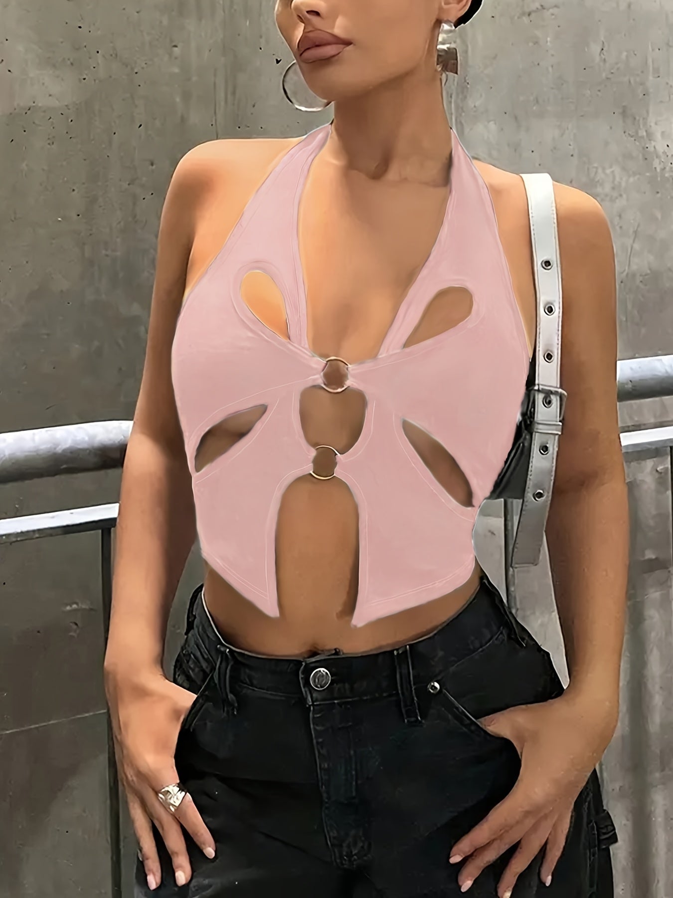 Sexy Backless Halter Neck Tank Top for Women - Sleeveless Cut-Out Design, High Stretch Polyester Fabric, Machine Washable, Perfect for Evening Outfits