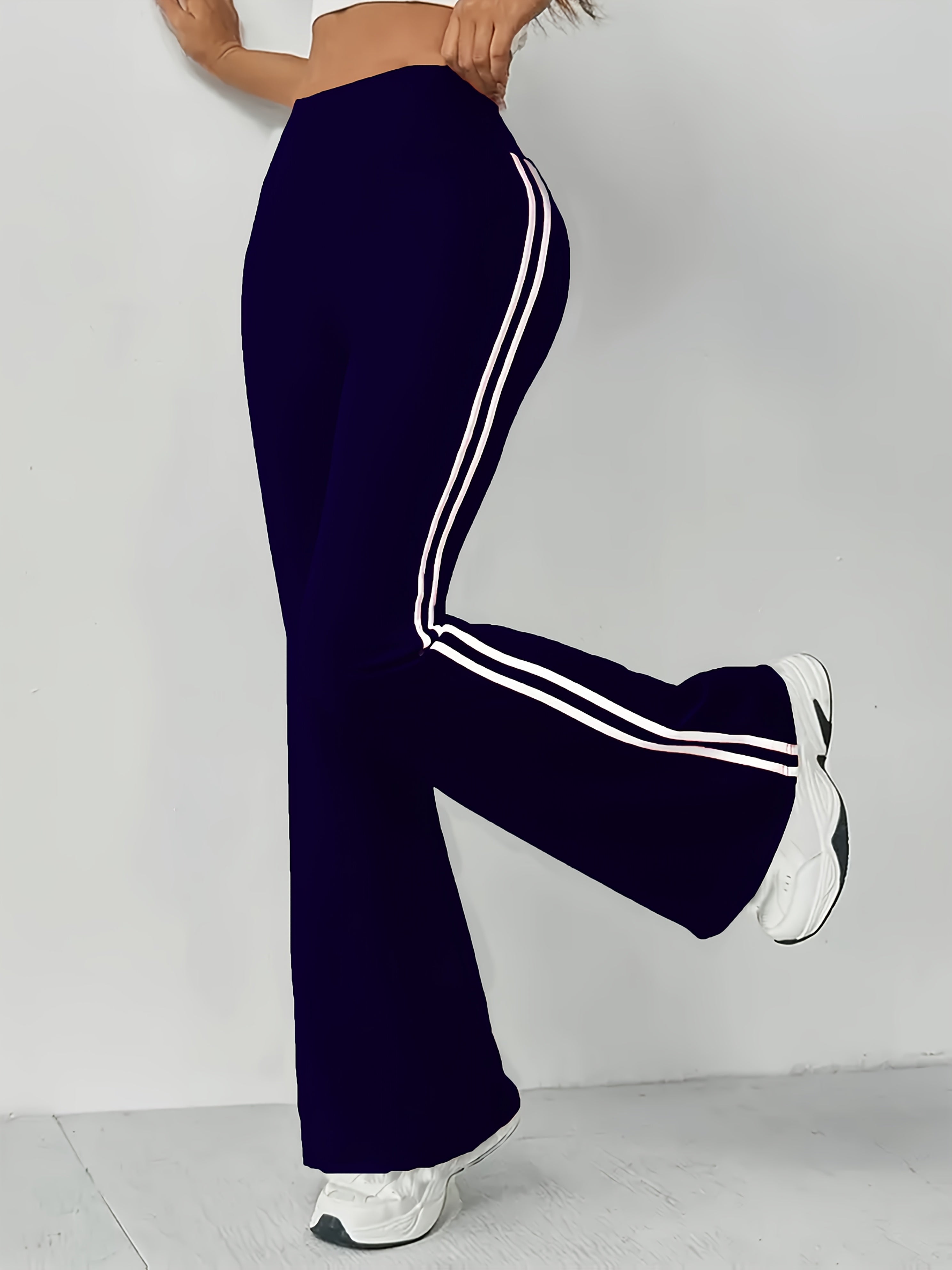 Women's High-Waist Tummy Control Maroon Flare Pants with White Stripe Detail - Stretchy Polyester/Elastane Blend, Machine Washable, Casual Sporty Bell Bottoms