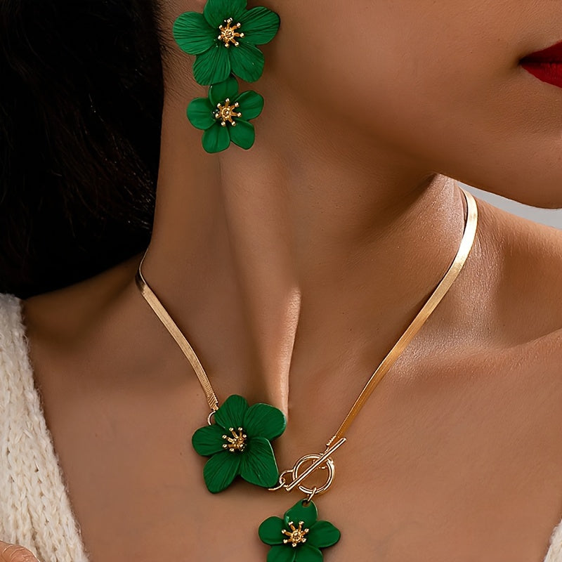 2pcs/set Fashionable and Elegant Flower Pendant Necklace and Earrings Jewelry Set Suitable for Women's Daily Gatherings, Parties, Holiday Travel, and as a Gift for Your Wife on Festivals